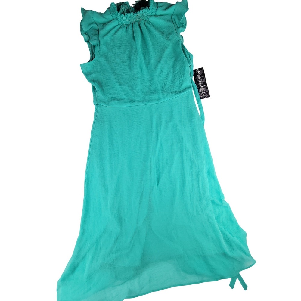 Nina Leonard Teal Sheer Ruffle Neck Midi Dress Women's